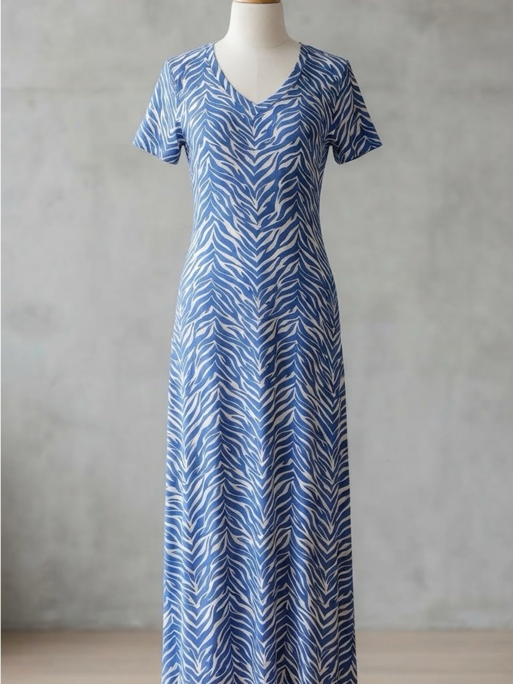 Essentials Blue and White V-Neck Zebra Print Maxi Dress